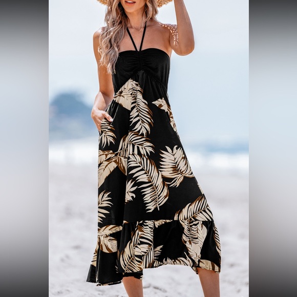 NWT CUPSHE Tropical Print Ruched Midi Dress - Picture 1 of 2